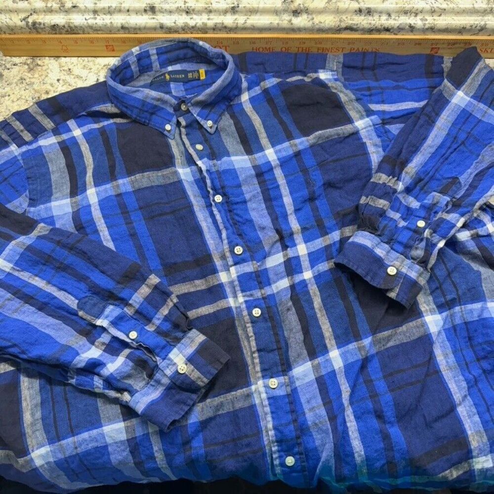 Ralph Lauren Mens 3XB 100% Linen Blue White Plaid Button Casual Long Sleeve